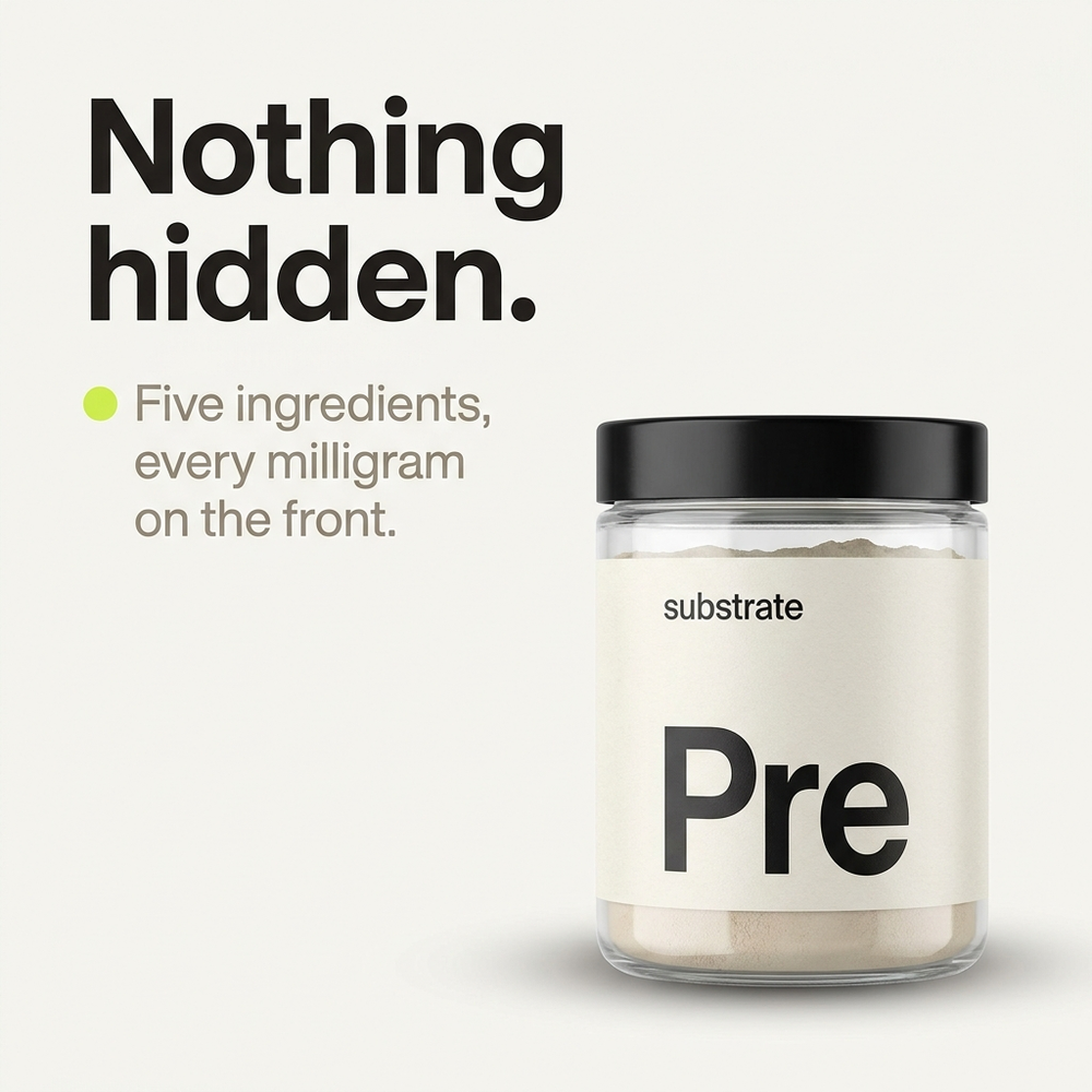 Nothing hidden — five ingredients, every milligram on the front